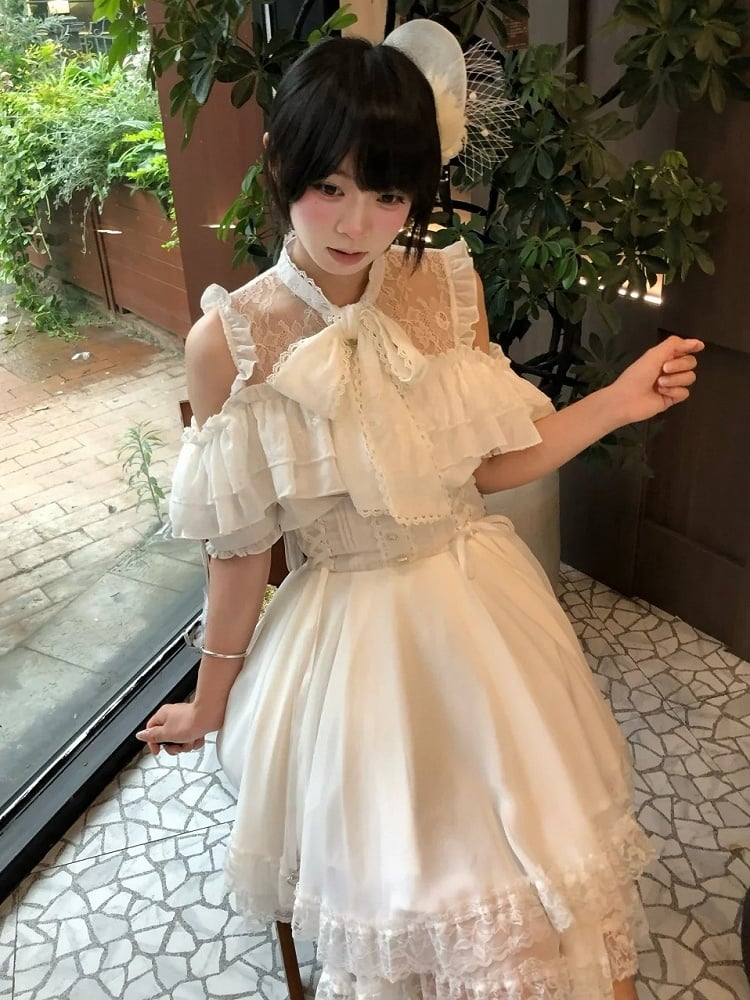 Landmine White Lace Cutout Short Sleeve Blouse with Bow Detail - YoshiKi