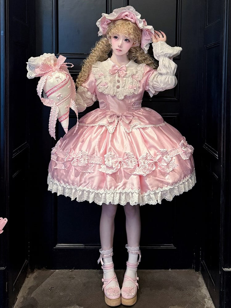 Trimmed Pink White and Bow Sweet Lace Bead Details with Dress Lolita