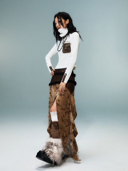 PU Pocket White Punk High-Neck Knit Top with Brown