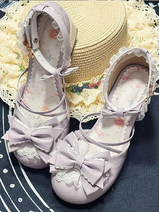 Heel Purple Accents with Janes - Mary Mid Lolita Sweet PU Bow