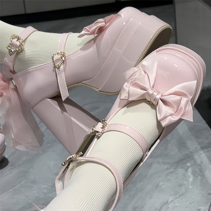 Top Heels Toe Bow at Pink Round High Block Sweet Platform Light Lolita Design with