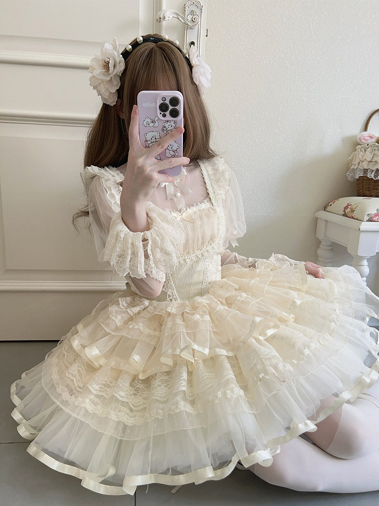 Print Skirt Apricot Jumper Bows Lolita Waist Balletcore Basque