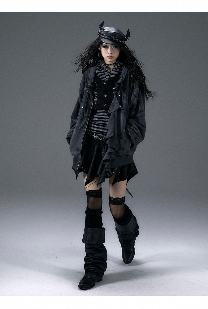 Black and White Stripe Print Jacket with Flounce Hem