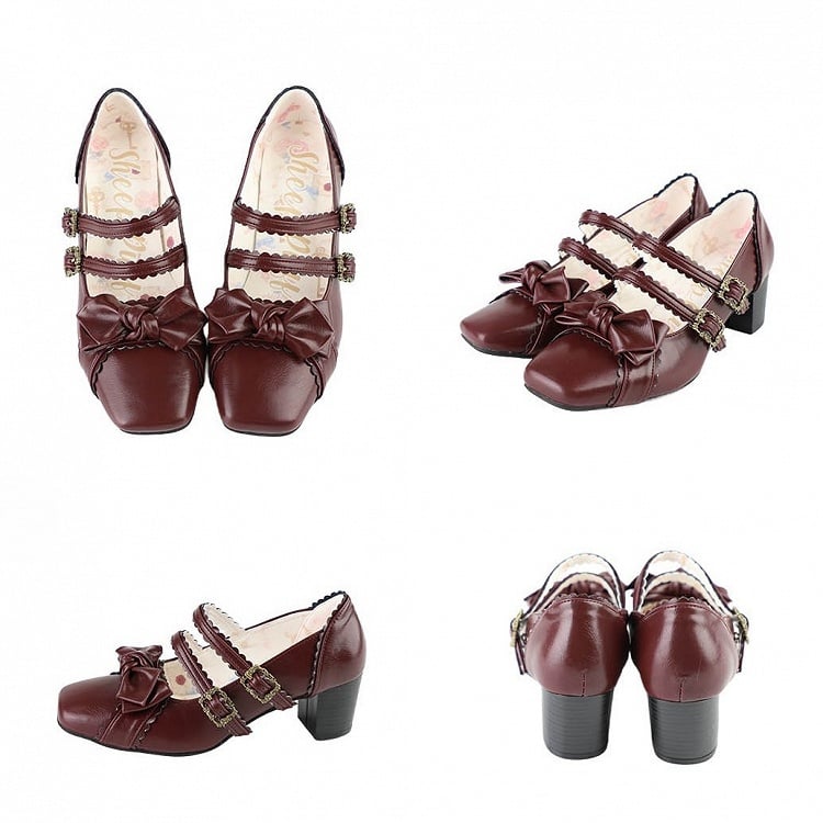Red Wine Sweet Lolita Shoes at Bow Top