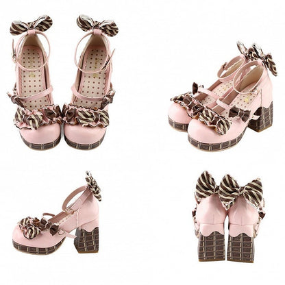 Chocolate Theme Striped Bowknot Mary Janes Heart Buckle - Sheep Puff