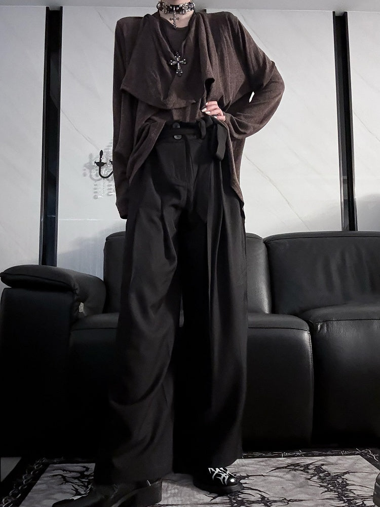 with Belt Self-tie Elegant Black Wide-leg Pants