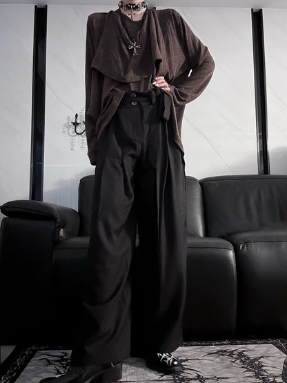 with Belt Self-tie Elegant Black Wide-leg Pants