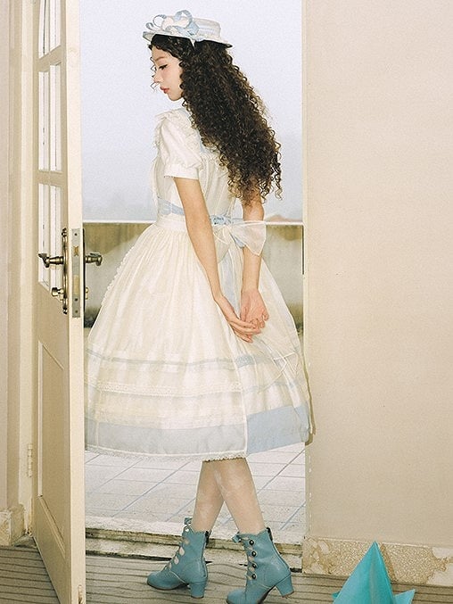 Lace Milk White Sailor Dress Puff Sleeves and Trim Collar Lolita with Light Blue