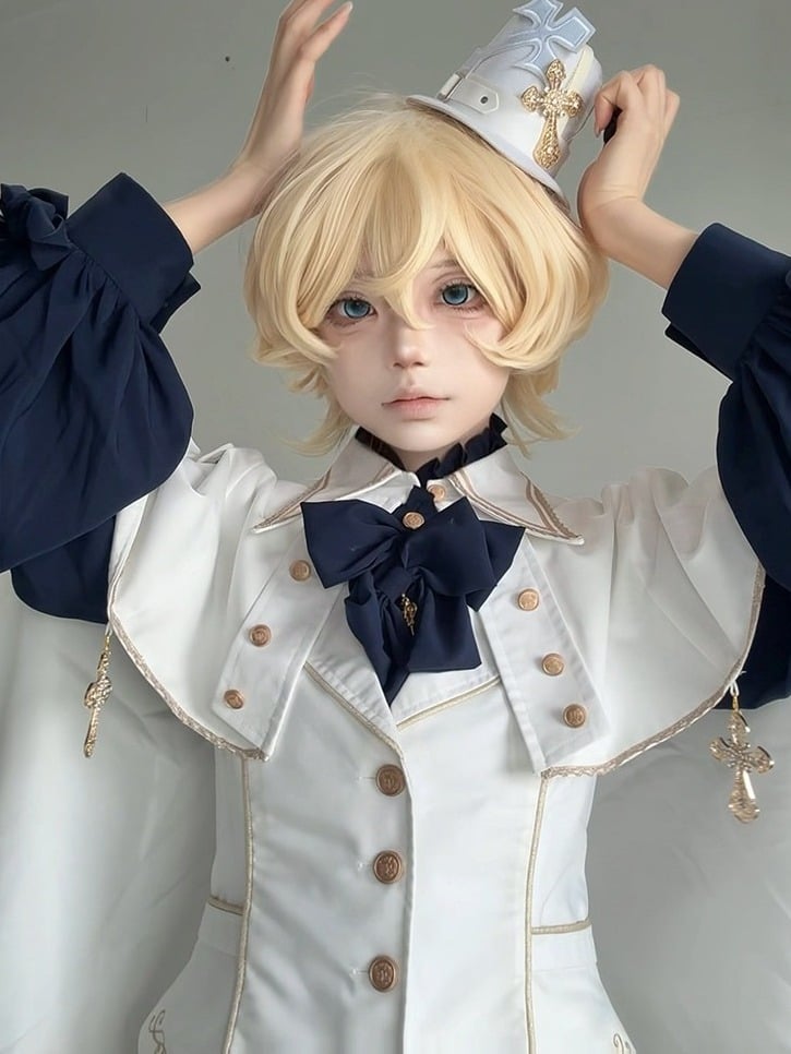Ouji Lolita 4-Piece Set White Vest Blue Blouse Shorts & Bow - Castle Too