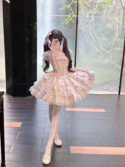 Details Multi-Layered Bow Princess Dress Lace Lolita Apricot Jacquard with