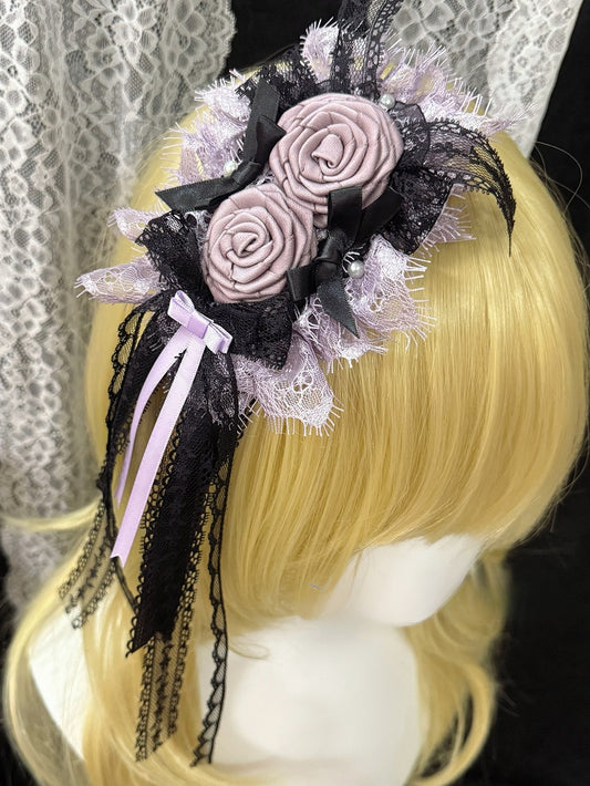 Details Bowknot Trim PurpleBlack Floral Lace Design Hairclip