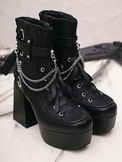Inner with Chains Zip Block Boots Detachable Black Heel Lace-up Gothic High Details Platform - Ankle