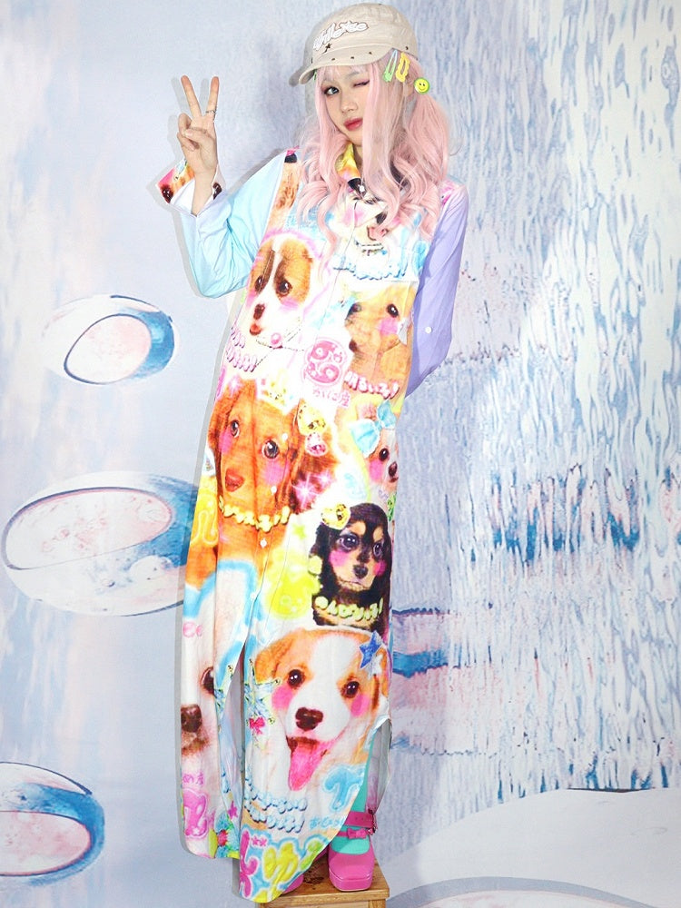 Shirt Length Y2K Puppy Ankle Dress Color Rainbow Print