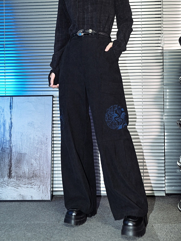 with Goldfish Pants Wide-leg Embroidery Black Gothic