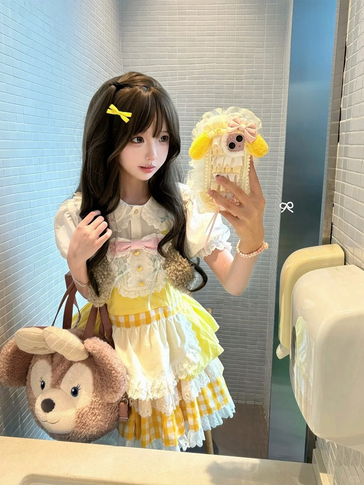 Dress Overall Sweet Apron Gingham Detail Lolita with Ear Puppy Yellow Design and