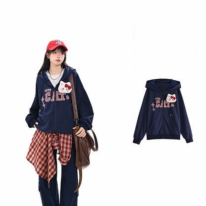 Red Navy Blue Zip-up Hoodie with Detachable Kitty Plushie Plaid Embroidery Applique