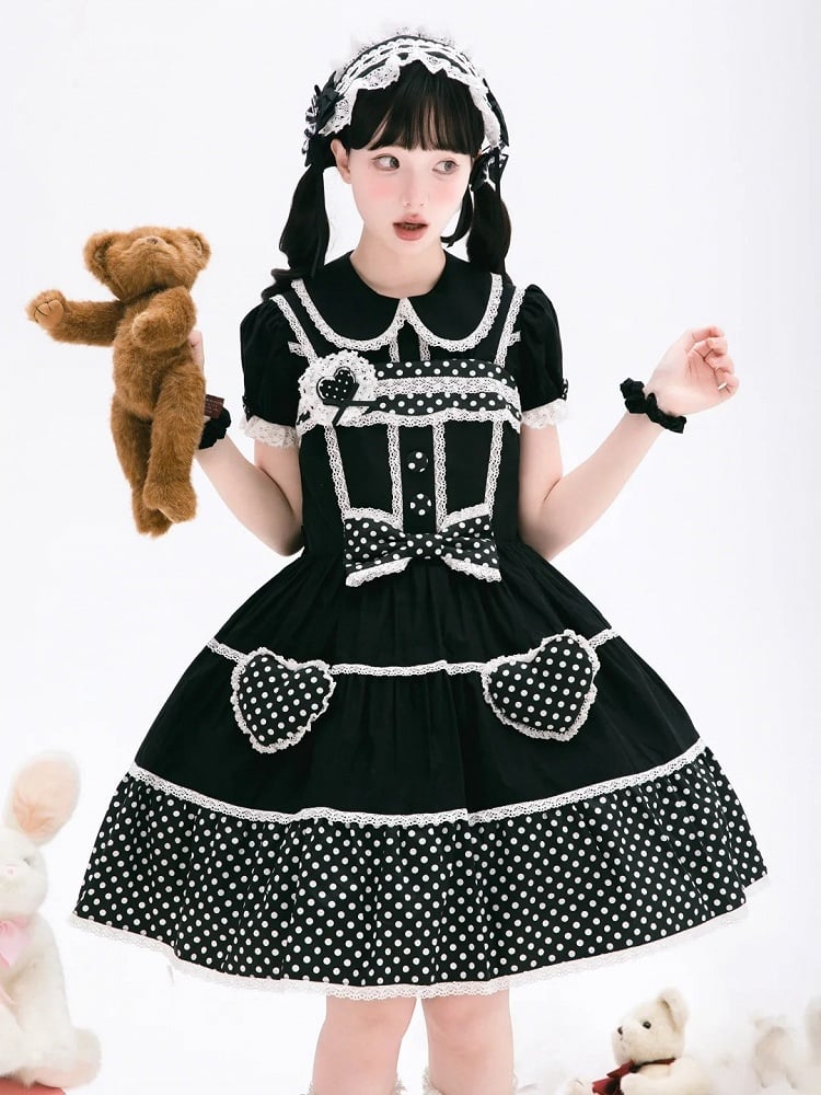 Kurze schwarze Bluse mit alten Kragenärmeln, flache Schule, Lolita, runde Baumwolle