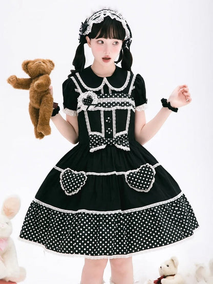 Kurze schwarze Bluse mit alten Kragenärmeln, flache Schule, Lolita, runde Baumwolle