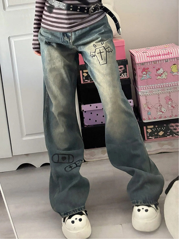 Denim Graphic Loose with Print Leg Jeans Blue Straight Fit