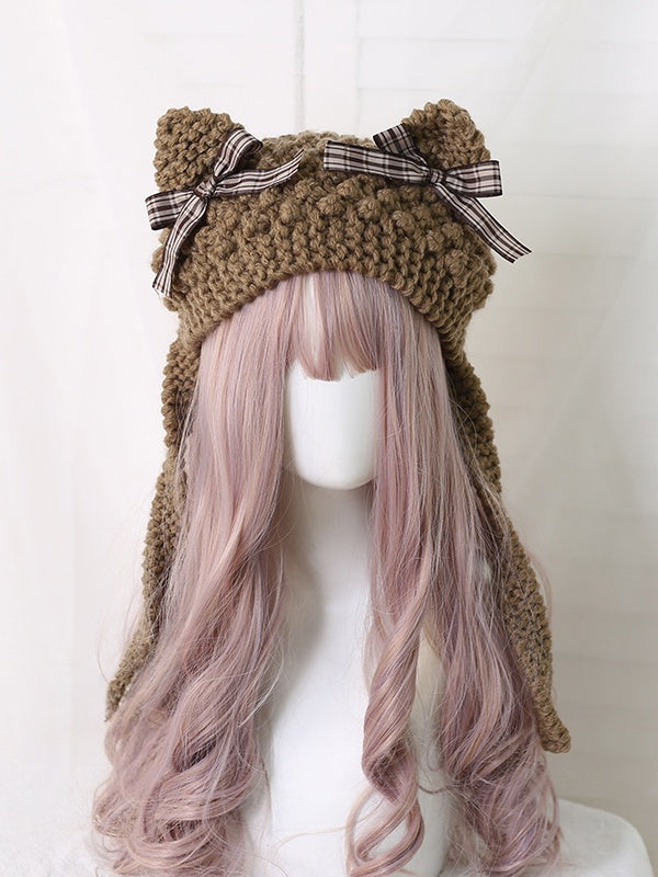 Cute 5 Bowknot Plaid Ear Kitty Hat With Colors Lolita Decoration Knitted