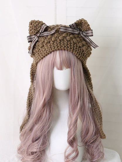 Cute 5 Bowknot Plaid Ear Kitty Hat With Colors Lolita Decoration Knitted