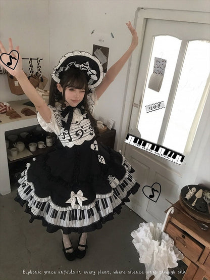 Piano JSK with Polka Dot Bow Train and Note Embroidery - Alice in Wonderland Lolita