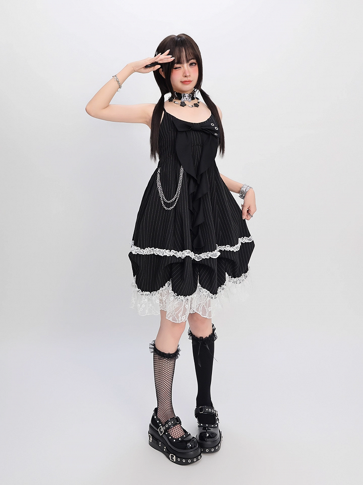 Skirt Cami Dress Big Bow Neckline Black with Striped Waist Detachable Chain Bubble