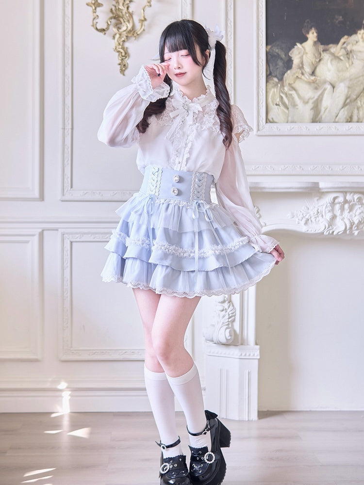 Rhinestone Embellishments Blue Jirai Kei Light Tiered Skirt with Lace-up High Waist