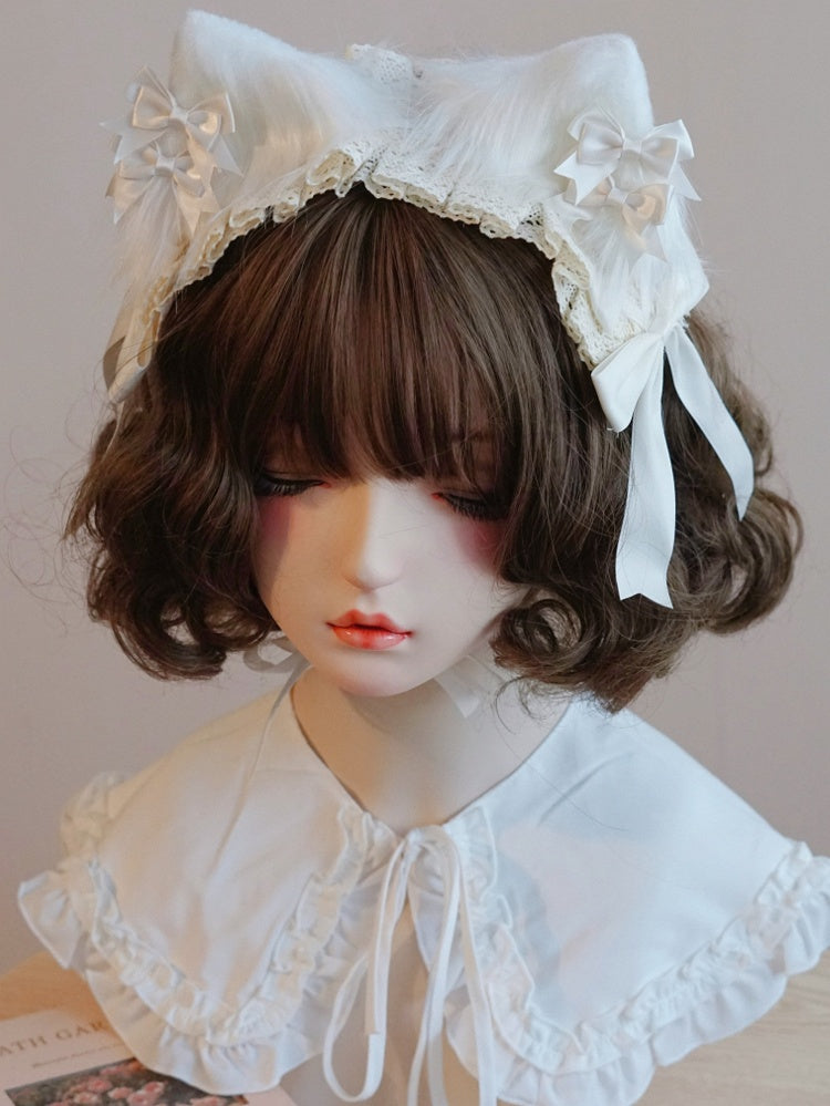 Weiße Katzenspitze mit Schleife und Ohr-Haarband