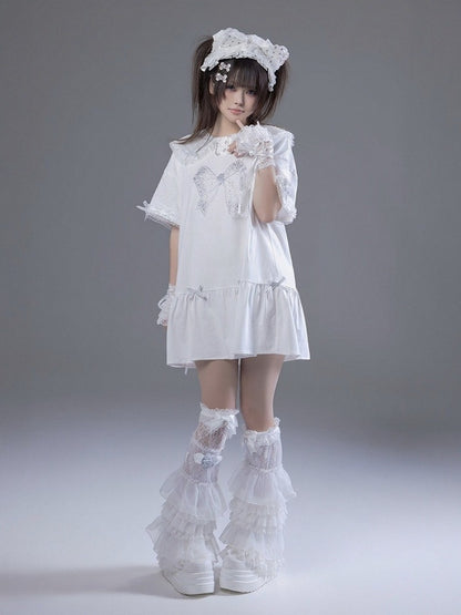Peter Pan Collar Short Sleeve T-Shirt Dress with Print & Bows - Fluffy Heart
