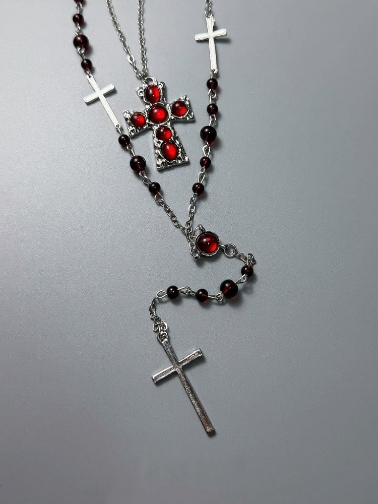 Red Bead Layered Cross Pendant Necklace - YSHXS