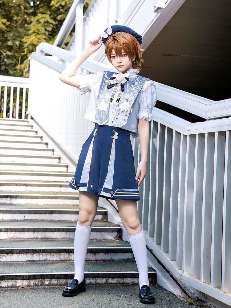 Dark Lace Detail High-Waisted Blue Shorts with Lolita