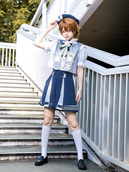 Dark Lace Detail High-Waisted Blue Shorts with Lolita