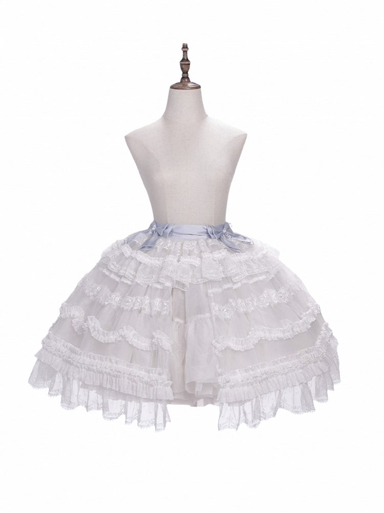 White Layered Lace Lolita Overlay with Blue Bowknots - Meng Fu Zi