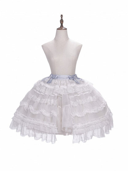 White Layered Lace Lolita Overlay with Blue Bowknots - Meng Fu Zi