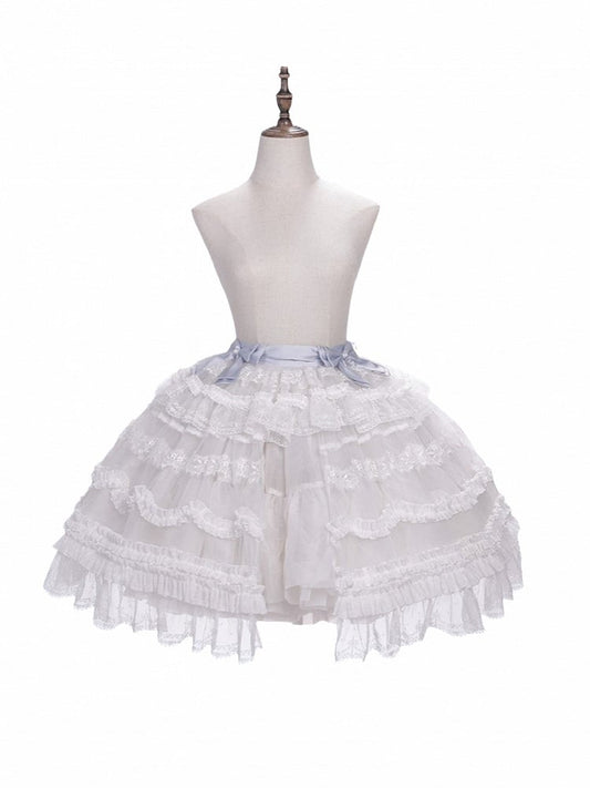 Superposition Lolita en dentelle blanche à plusieurs niveaux avec nœuds bleus - Meng Fu Zi