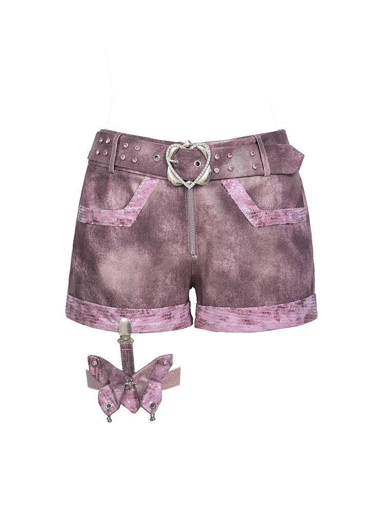 Pink Rhinestone Harness Butterfly Punk Belt Pastel Dusty Detachable Shorts Denim Leg Y2K with