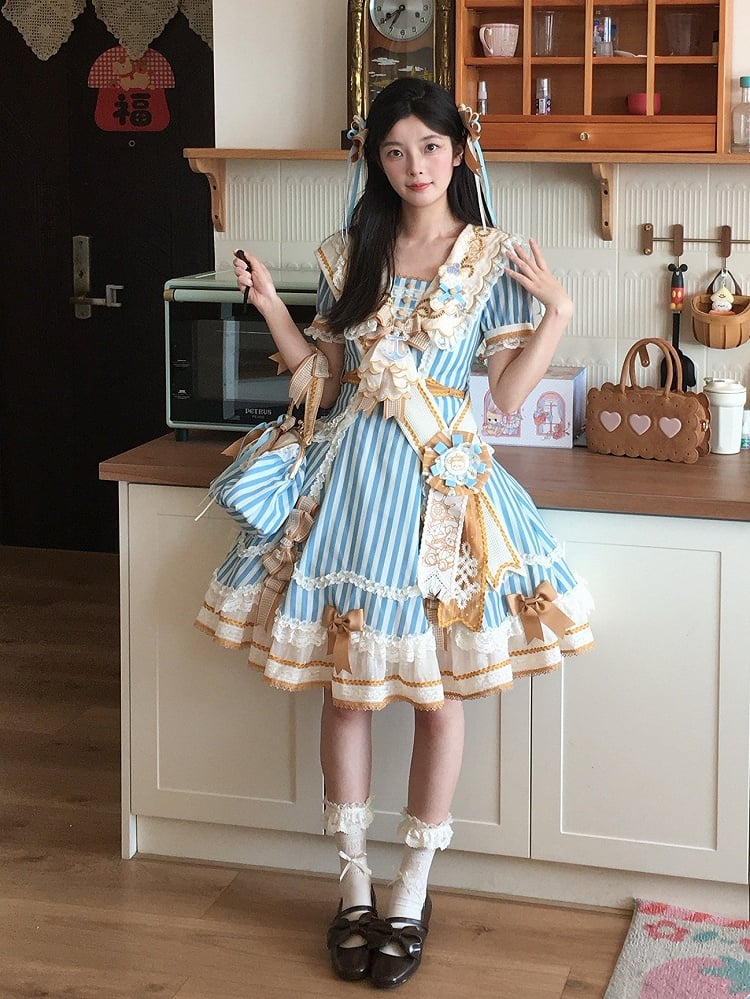Sailor Bear Theme Striped Dress with Bow Embroidery - Twin Bear Original Design