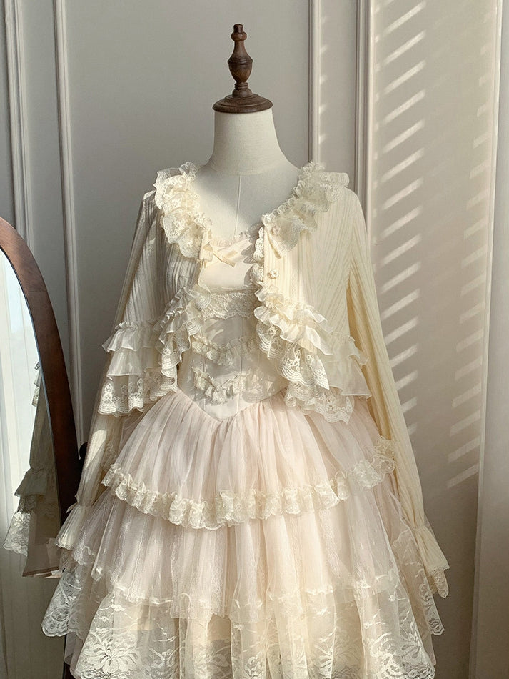 Cream Knit Top Spring/Autumn for Lolita Caidigan Trimmed Lace