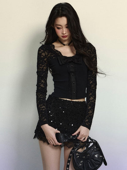 Black Bowknot Details Lace Sleeves V-neck Knit Top