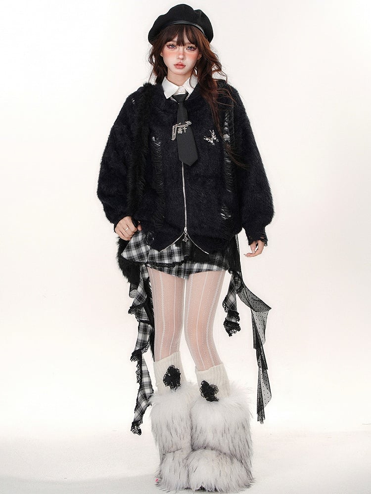 Schwarzer Kapuzenpullover mit Reißverschluss und Löchern im Used-Look