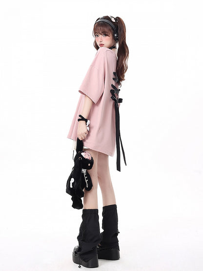 with Print Details T-shirt Bow Lacing Ribbons Pink Back Multi-Color