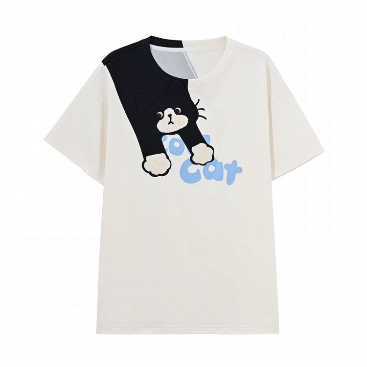 White Round Neck Cute Cat Print T-Shirt Loose