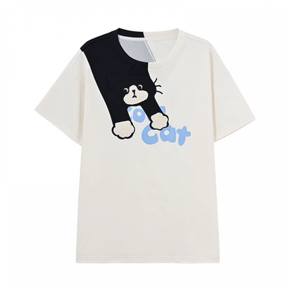 White Round Neck Cute Cat Print T-Shirt Loose