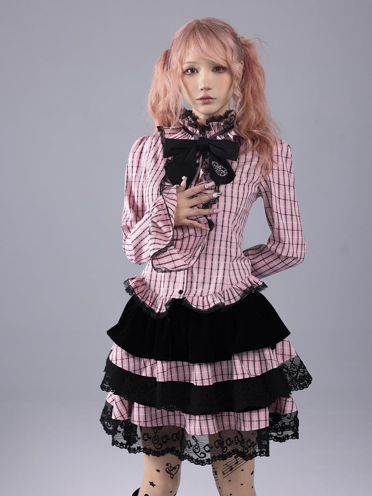 Pink Plaid Hime Gyaru Ruffled Collar Blouse with Embroidered Bow Tie
