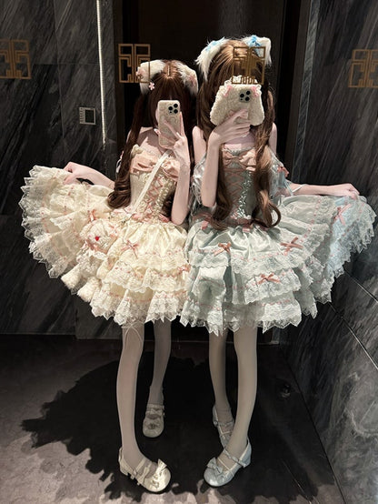 Lace Jacquard with Green Dress Princess Bow Lolita Details Multi-Layered