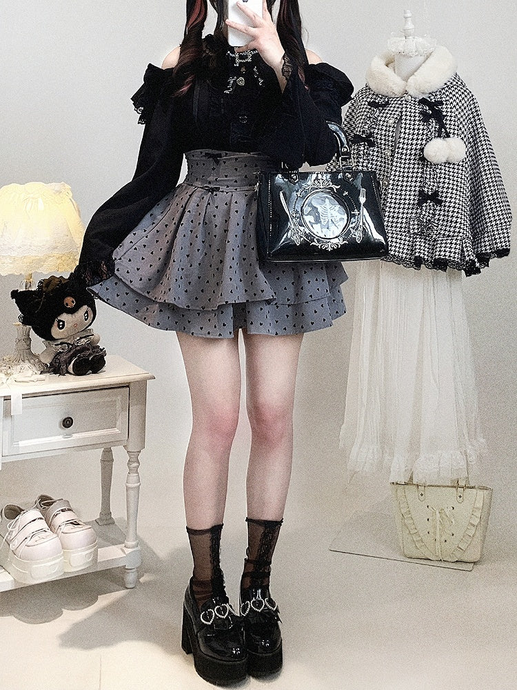 Kei Skirt: Pattern Tiered Waist with Dot Polka Heart High Jirai Dark Sweetness