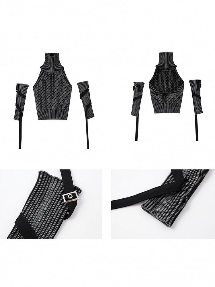 Sleeveless Black with Turtleneck Punk Thumbhole Sweater Detachable Sleeves Backless