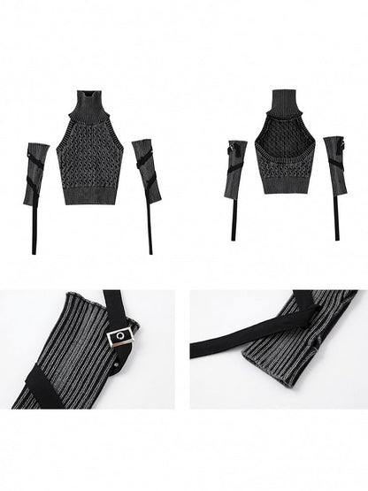 Sleeveless Black with Turtleneck Punk Thumbhole Sweater Detachable Sleeves Backless