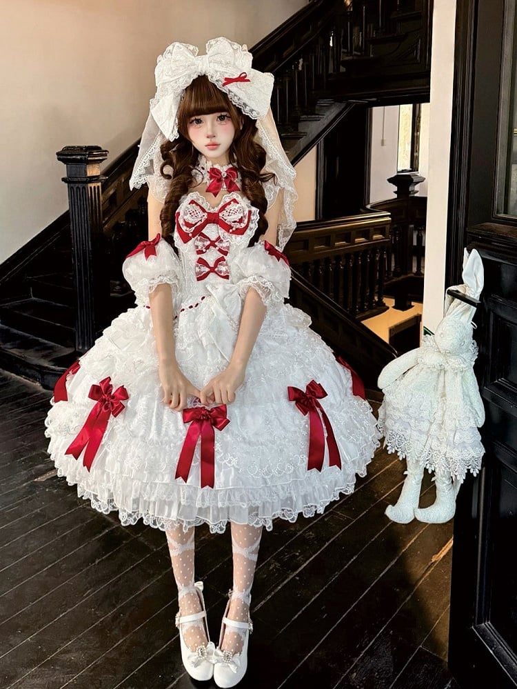Lolita Red Accents with Sweet Lace Dress Bow White JSK and Princess